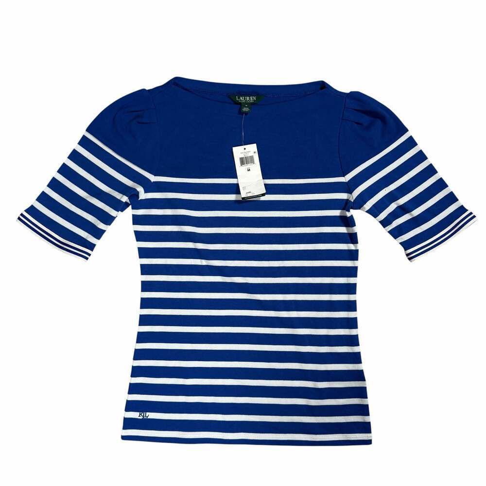 Lauren Ralph Lauren Women's Striped Puff-Sleeve Boatneck T-Shirt Medium